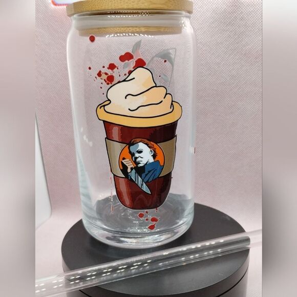 Horror Movie Themed Glass Mason Jar with Lid - Unique Halloween Decor - Picture 1 of 4